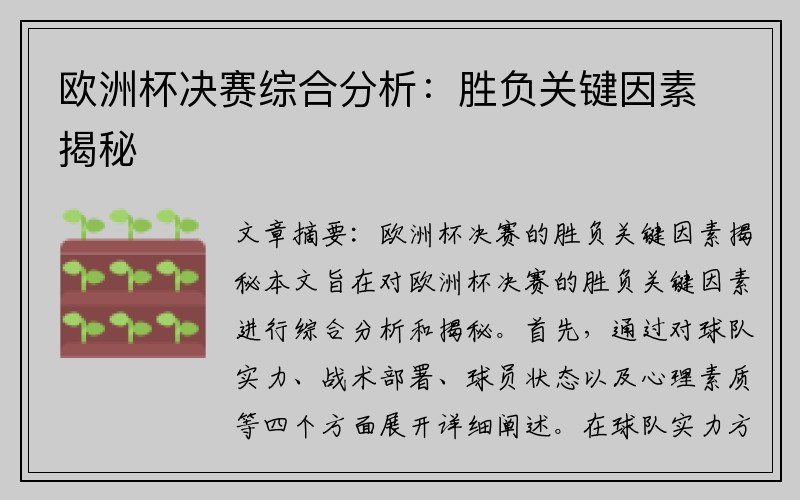 欧洲杯决赛综合分析：胜负关键因素揭秘